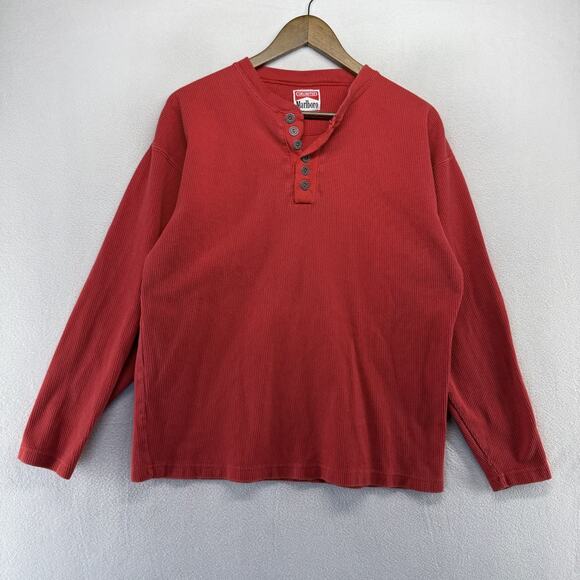 Vintage Marlboro Unlimited Thermal Shirt men's Large Red Henley Button 90s Blank - Picture 2 of 7